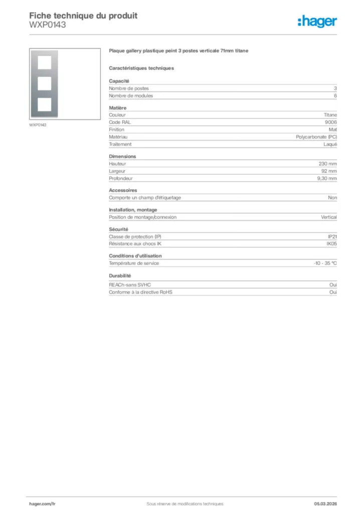 Image Hager Fiche technique du produit WXP0143 | Hager France