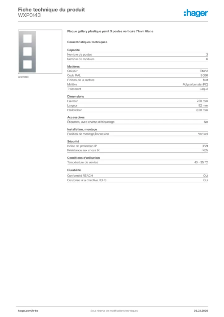 Image Hager Fiche technique du produit WXP0143 | Hager Belgique