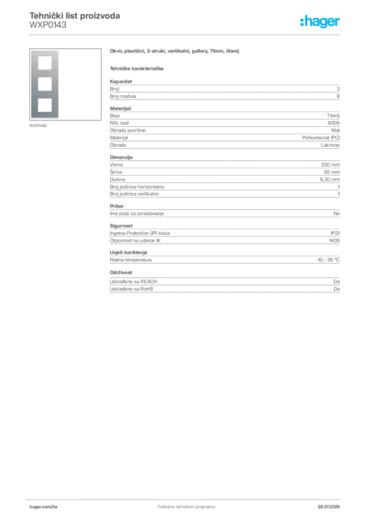 Slika Hager Product data sheet WXP0143  | Hager
