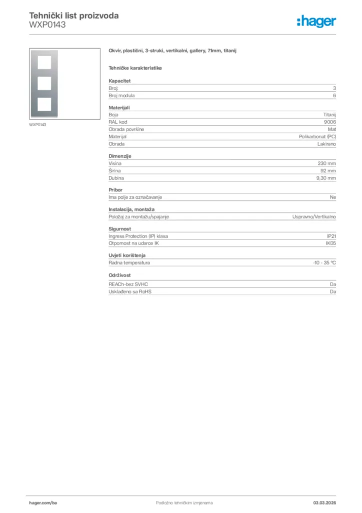 Slika Hager Tehnički list proizvoda WXP0143  | Hager