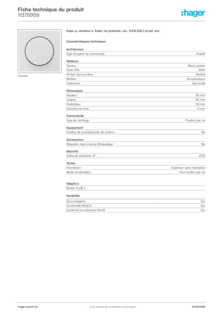 Image Hager Fiche technique du produit 11378989 | Hager Belgique
