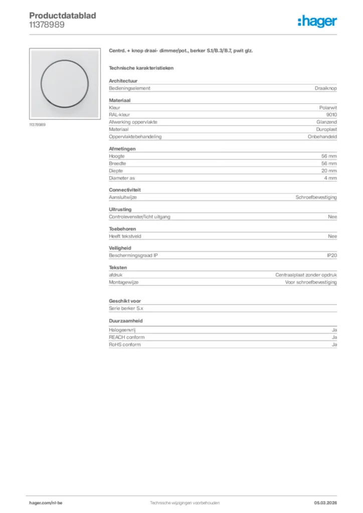 Afbeelding Hager Productdatablad 11378989 | Hager Belgium