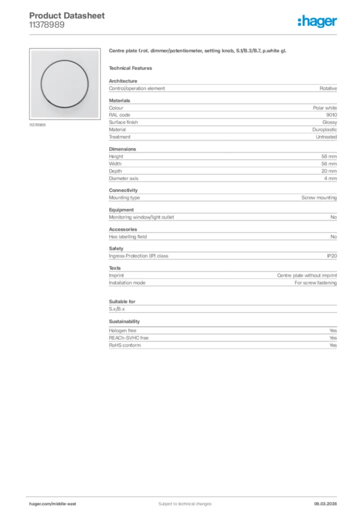 Image Hager Product data sheet 11378989  | Hager