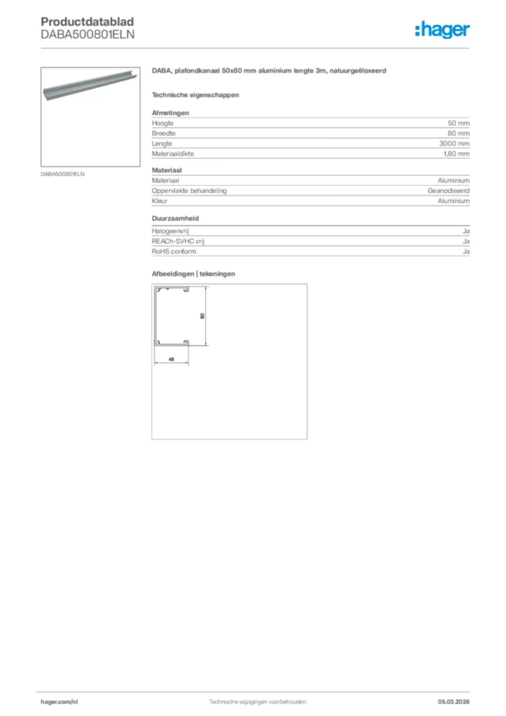 Afbeelding Hager Productdatablad DABA500801ELN | Hager Nederland