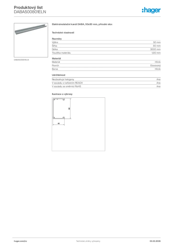 Obrázek Hager Product data sheet DABA500801ELN | Hager