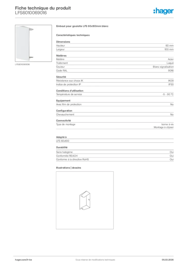Image Hager Fiche technique du produit LFS6010069016 | Hager Belgique
