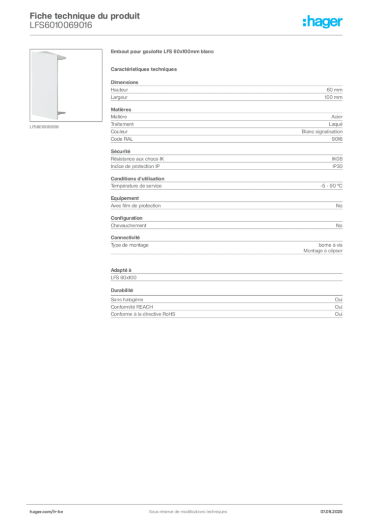 Image Hager Fiche technique du produit LFS6010069016 | Hager Belgique