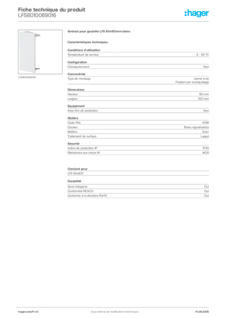 Image Hager Fiche technique du produit LFS6010069016 | Hager Suisse