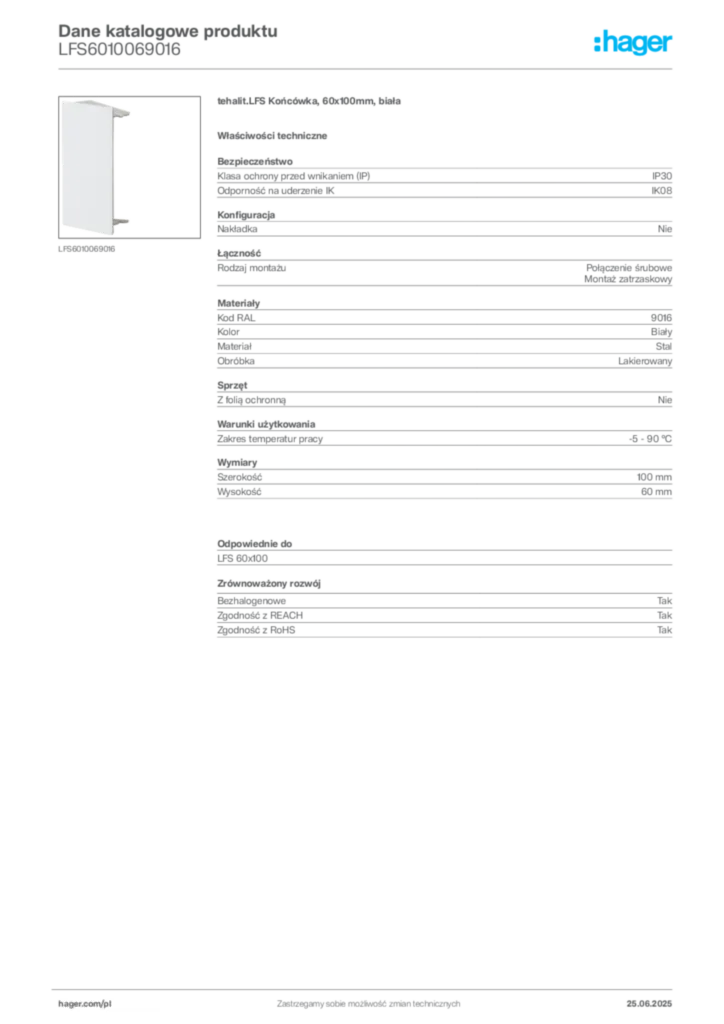Zdjęcie Hager Karta katalogowa LFS6010069016 | Hager Polska