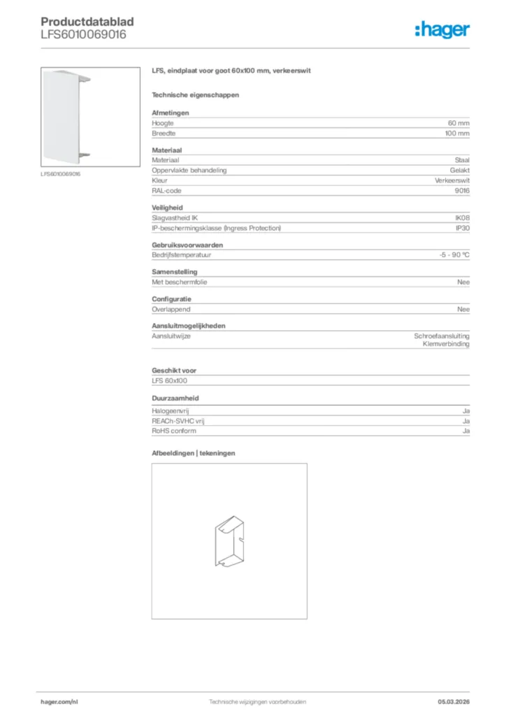 Afbeelding Hager Productdatablad LFS6010069016 | Hager Nederland