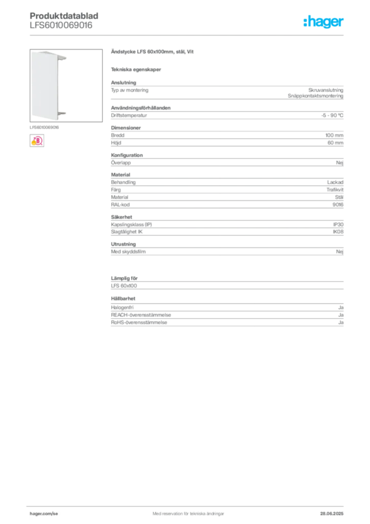 Bild Hager Produktdatablad LFS6010069016 | Hager Sverige