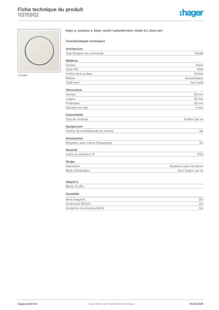 Image Hager Fiche technique du produit 11378982 | Hager Belgique