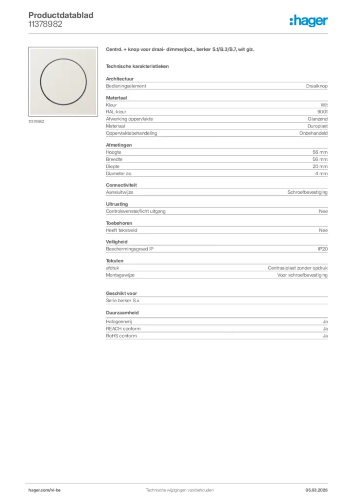 Afbeelding Hager Productdatablad 11378982 | Hager Belgium
