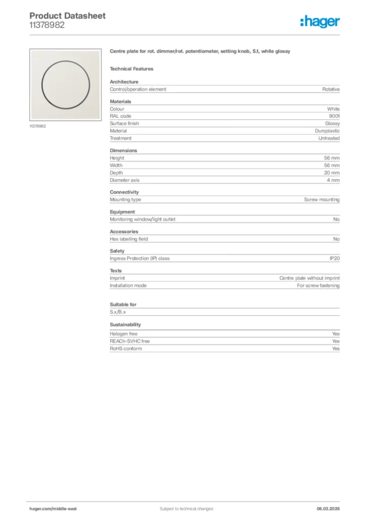 Image Hager Product data sheet 11378982  | Hager
