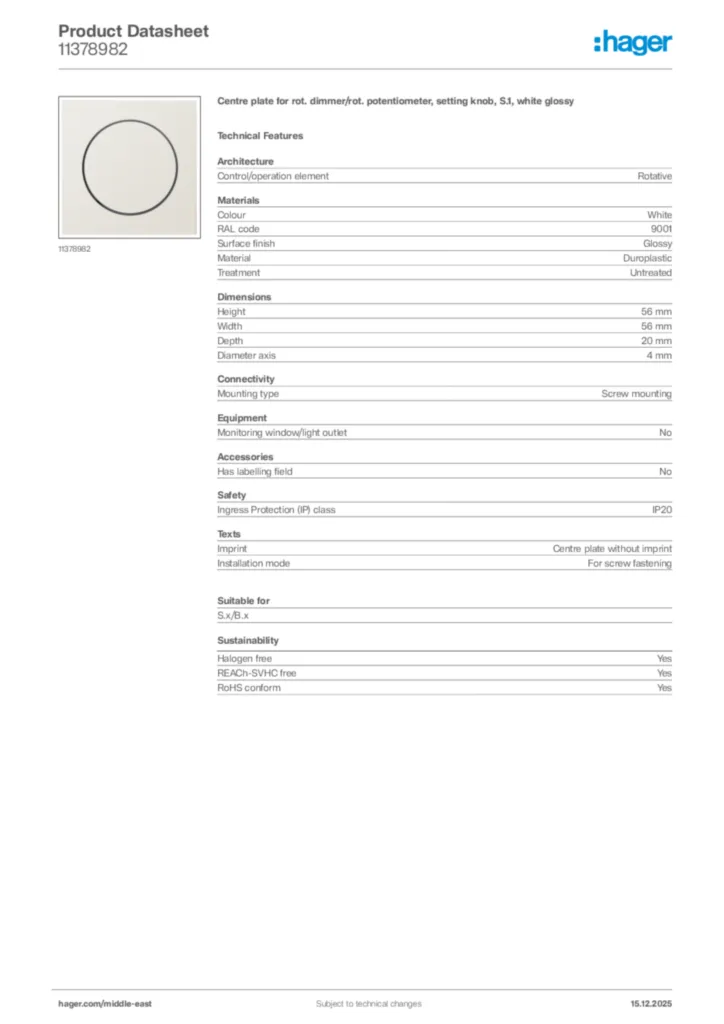 Image Hager Product data sheet 11378982  | Hager