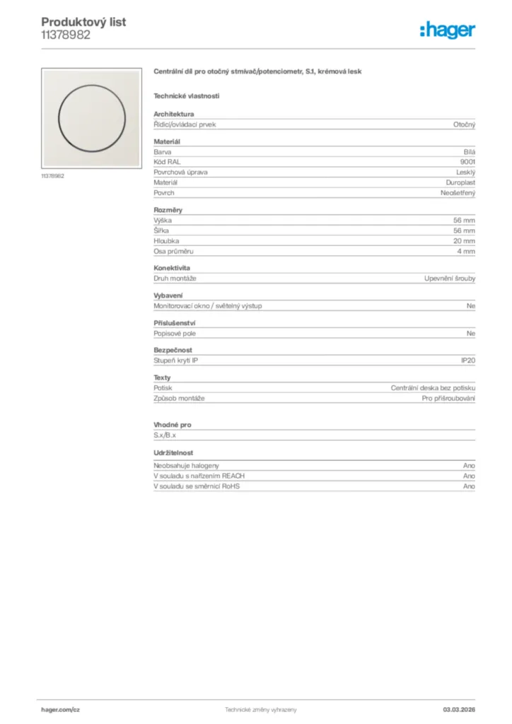 Obrázek Hager Product data sheet 11378982 | Hager