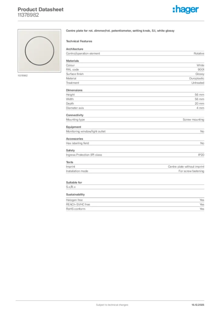 Image Hager Product data sheet 11378982  | Hager