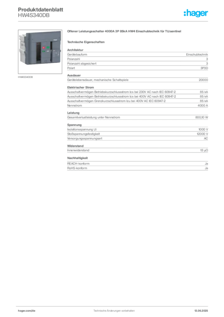 Bild Hager Produktdatenblatt HW4S340DB | Hager Deutschland