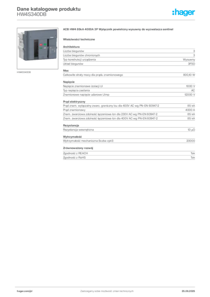 Zdjęcie Hager Karta katalogowa HW4S340DB | Hager Polska