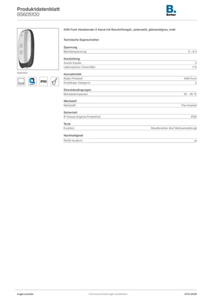 Bild Berker Produktdatenblatt 85605100 | Hager Deutschland