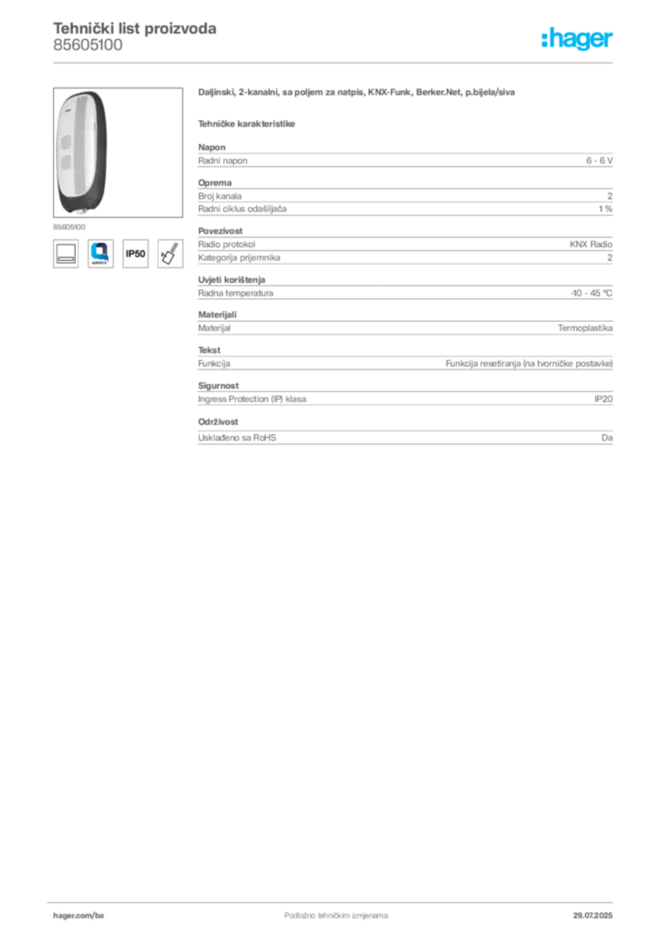 Slika Hager Product data sheet 85605100  | Hager