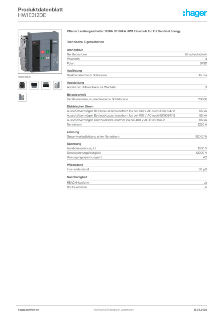 Bild Hager Produktdatenblatt HW1E312DE | Hager Schweiz