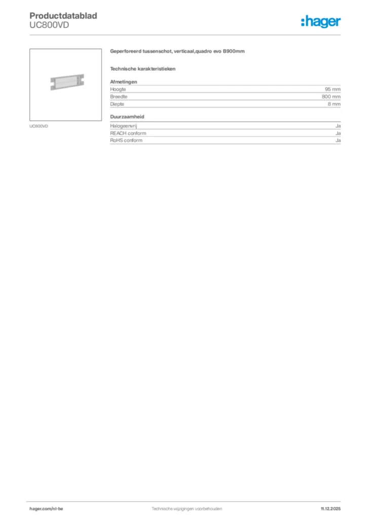 Afbeelding Hager Productdatablad UC800VD | Hager Belgium