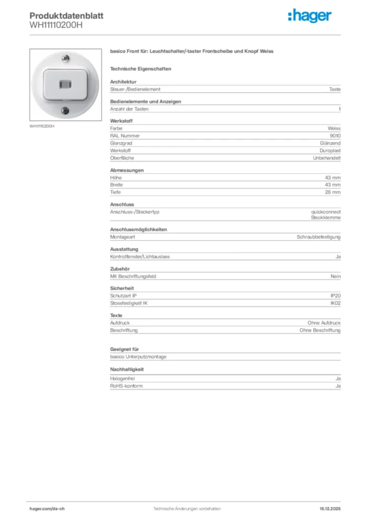 Bild Hager Produktdatenblatt WH11110200H | Hager Schweiz