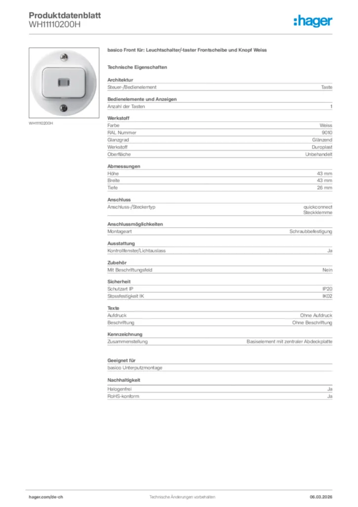 Bild Hager Produktdatenblatt WH11110200H | Hager Schweiz