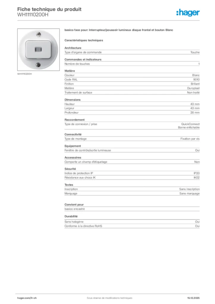 Image Hager Fiche technique du produit WH11110200H | Hager Suisse