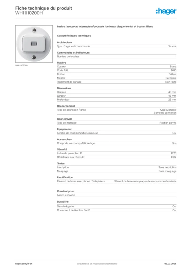Image Hager Fiche technique du produit WH11110200H | Hager Suisse