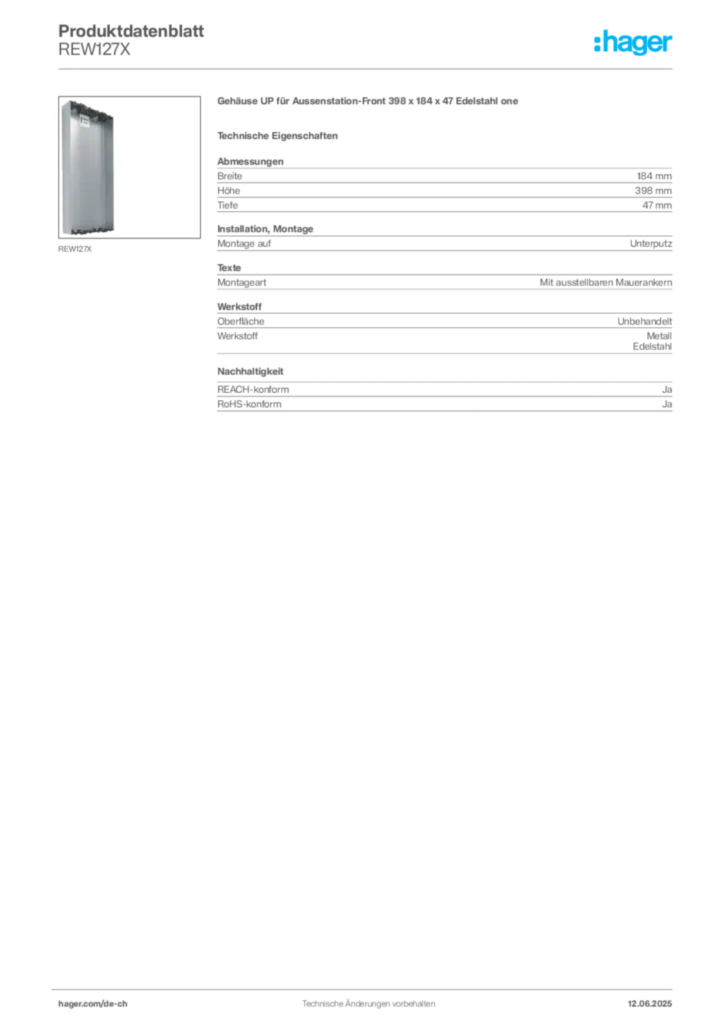 Bild Hager Produktdatenblatt REW127X | Hager Schweiz