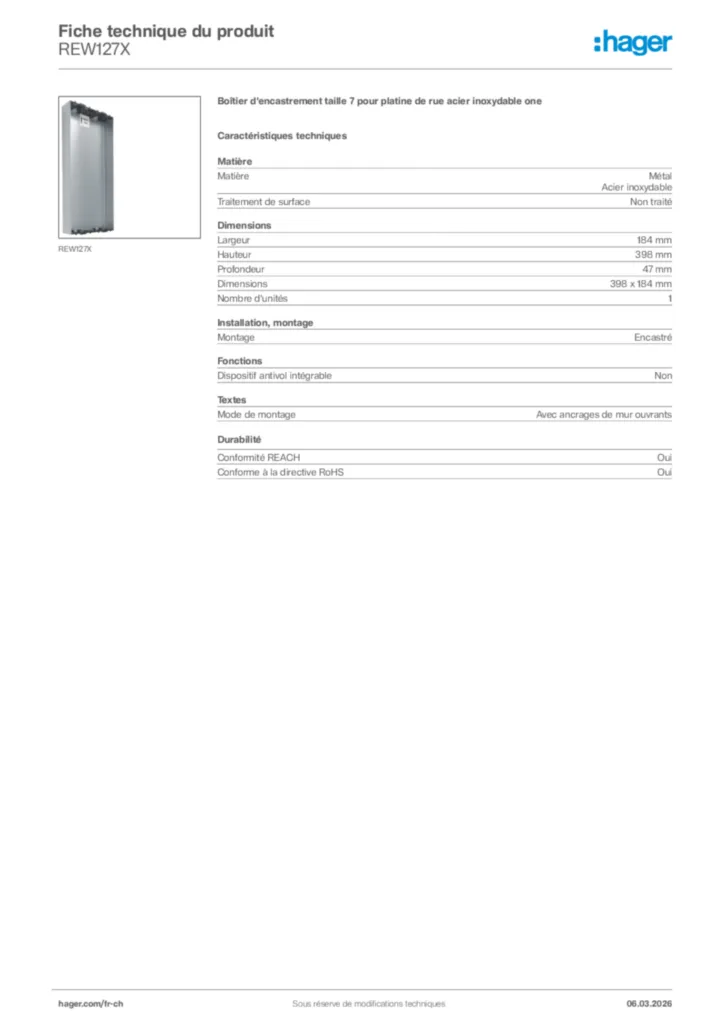 Image Hager Fiche technique du produit REW127X | Hager Suisse