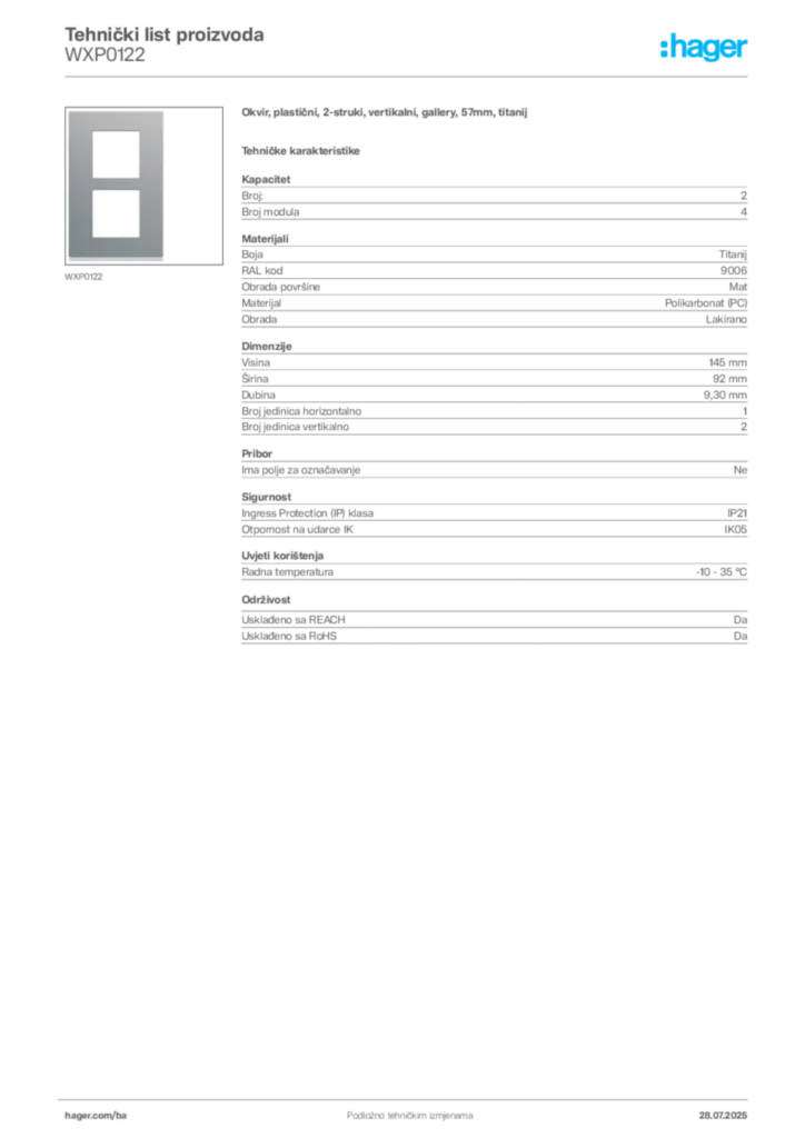 Slika Hager Product data sheet WXP0122  | Hager