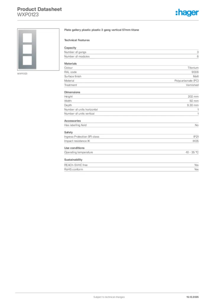 Image Hager Product data sheet WXP0123  | Hager Africa