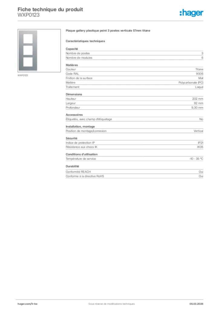 Image Hager Fiche technique du produit WXP0123 | Hager Belgique