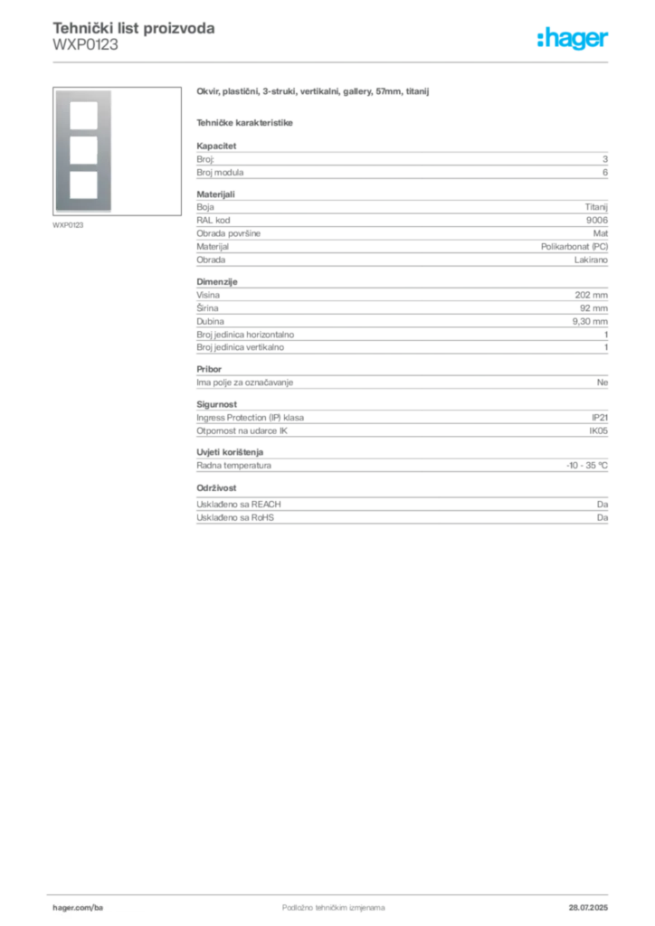 Slika Hager Product data sheet WXP0123  | Hager