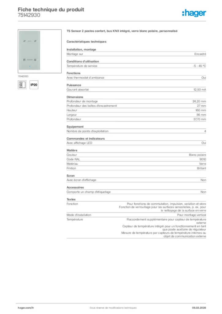 Image Hager Fiche technique du produit 75142930 | Hager France