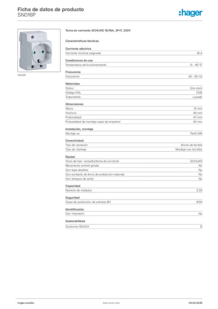 Imagen Hager Ficha de datos de producto SN016P | Hager España
