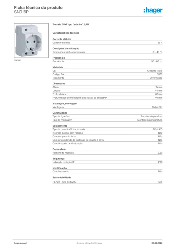 Imagem Hager Ficha técnica do produto SN016P | Hager Portugal