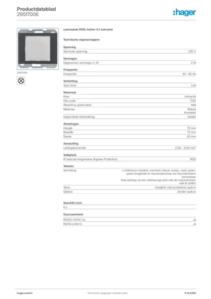 Afbeelding Hager Productdatablad 29517006 | Hager Nederland