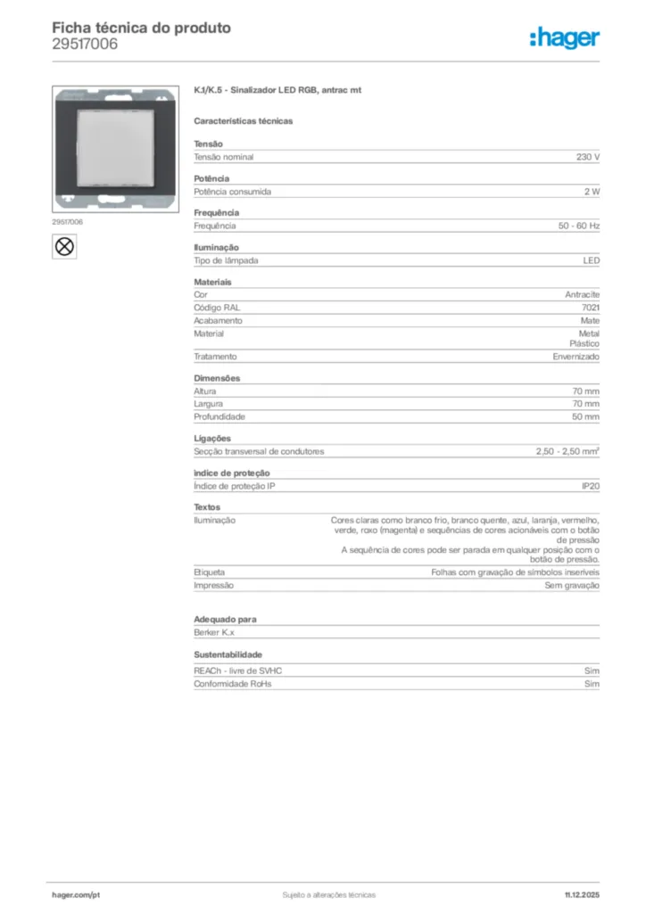 Imagem Hager Ficha técnica do produto 29517006 | Hager Portugal