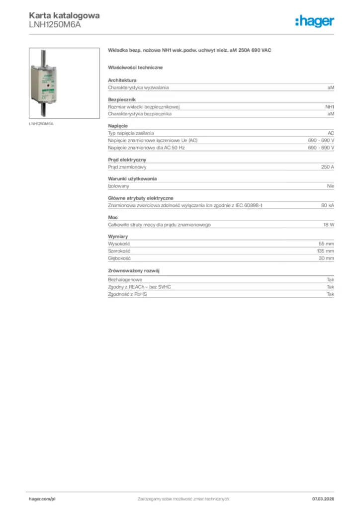 Zdjęcie Hager Karta katalogowa LNH1250M6A | Hager Polska