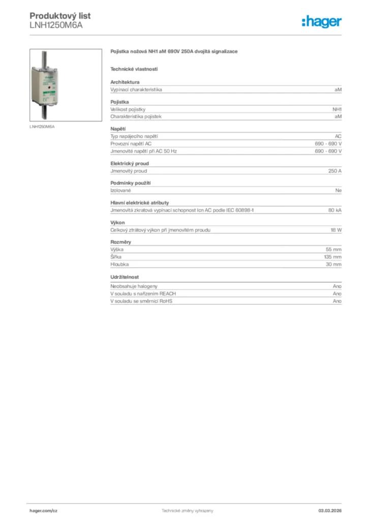 Obrázek Hager Product data sheet LNH1250M6A | Hager