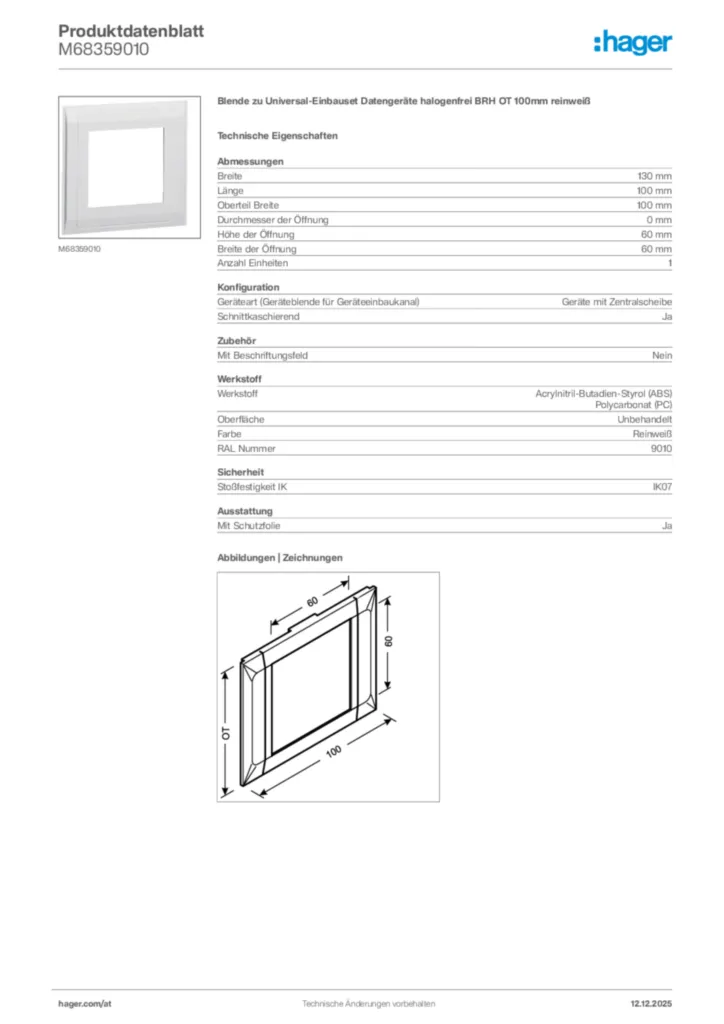 Bild Hager Produktdatenblatt M68359010 | Hager Deutschland