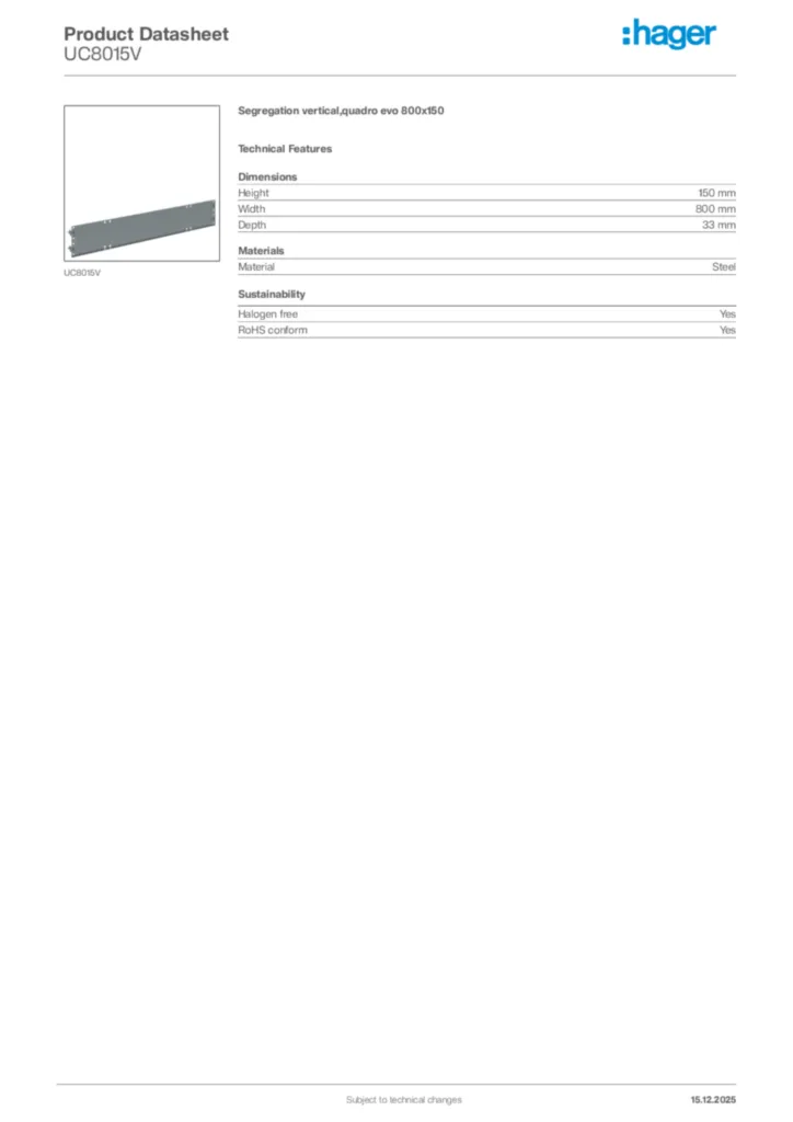 Image Hager Product data sheet UC8015V  | Hager Africa