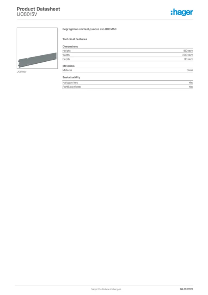 Image Hager Product data sheet UC8015V  | Hager Africa