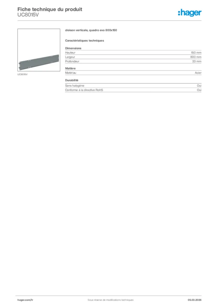 Image Hager Fiche technique du produit UC8015V | Hager France