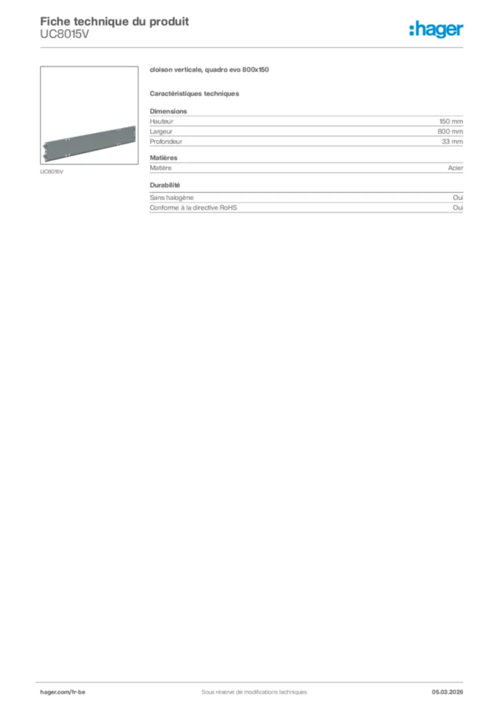 Image Hager Fiche technique du produit UC8015V | Hager Belgique