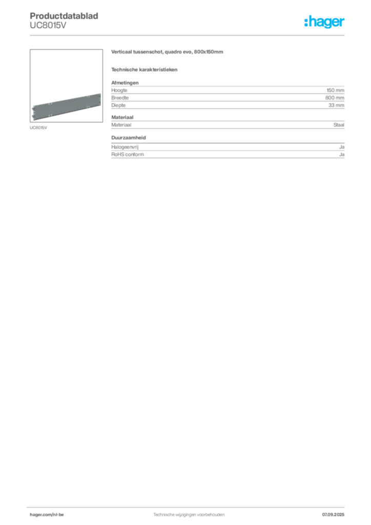 Afbeelding Hager Productdatablad UC8015V | Hager Belgium